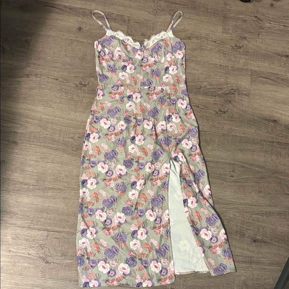 Floral Spaghetti Strap Dress with Lace Trim